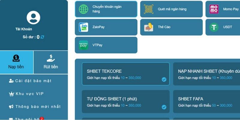 Nạp tiền SHBET bằng phương thức ví điện tử